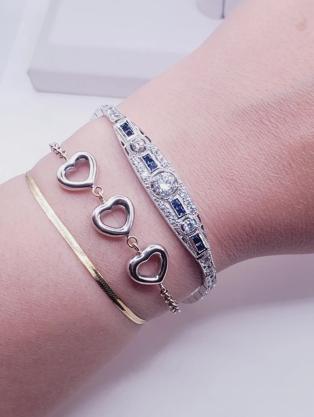 925 Sterling Silver Sapphire Blue CZ & Diamond Simulant Bracelet